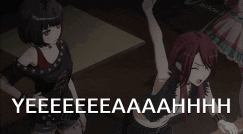 two anime girls are standing next to each other with the words yeeeeeeaaahhhh written in the corner
