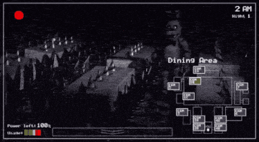 a video game screen shows a dining area at night