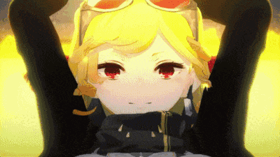 a yellow haired anime girl with red eyes and glasses