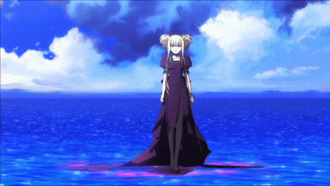 a girl in a long purple dress stands in the ocean