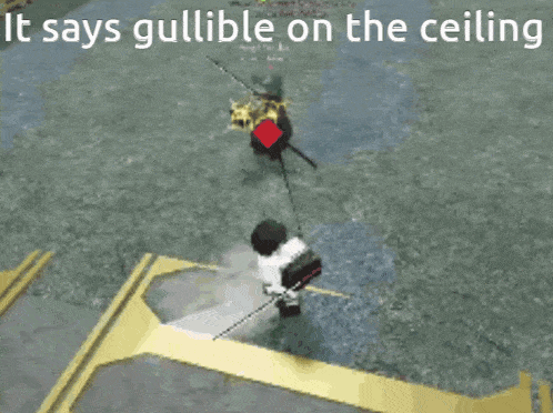 a video game screen says it says gulible on the ceiling