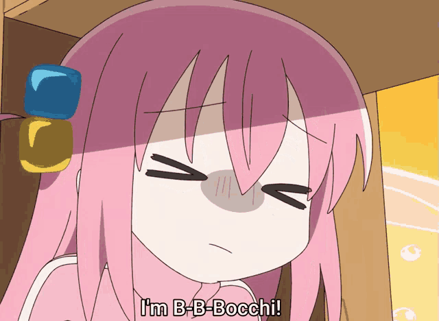 a cartoon girl with pink hair says i 'm b-b-bocchi !