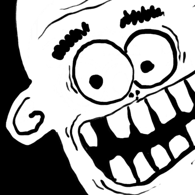 a black and white drawing of a cartoon character with a big mouth