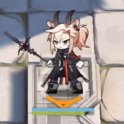 a cartoon character with horns is standing on a brick wall holding a sword .
