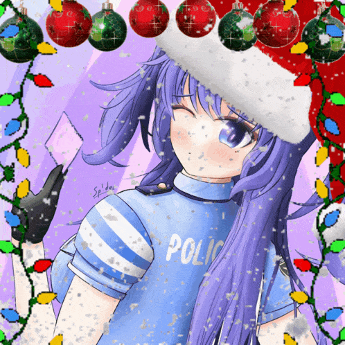 a girl with purple hair wears a police uniform