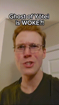 a man wearing glasses and a black shirt says ghost of yotei is woke