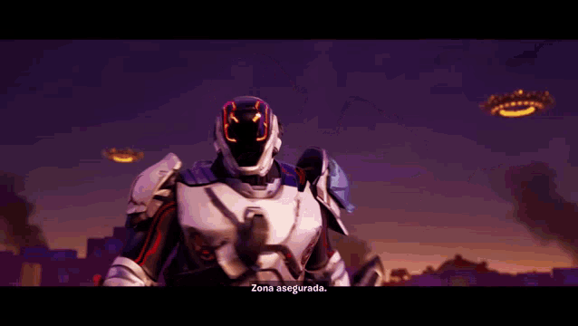a video game character is standing in front of a purple sky and says zona asegurada