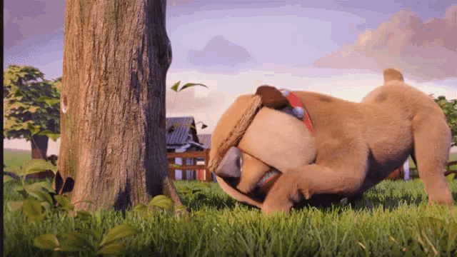 a stuffed animal dog is laying down in the grass near a tree