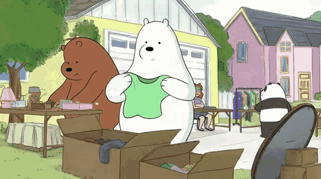 a cartoon of three bears in front of a garage