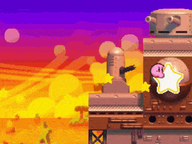 a video game scene with kirby holding a star on his head
