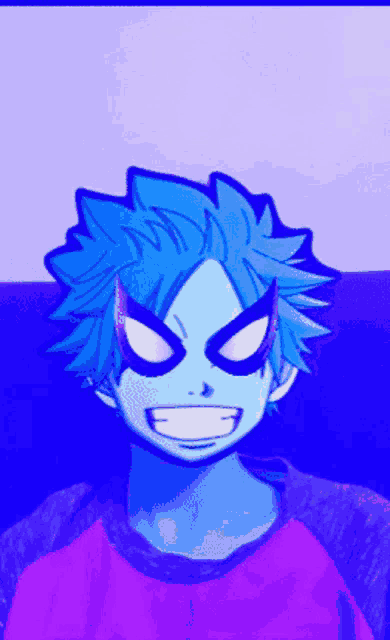 a cartoon character with blue hair and a purple shirt is smiling