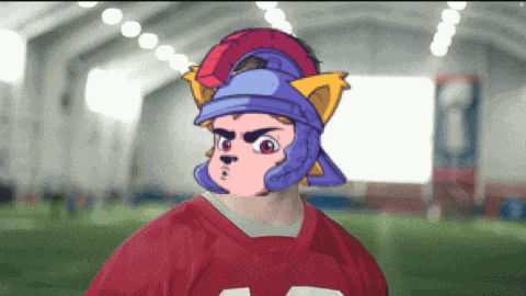 a cartoon character wearing a helmet and a red jersey
