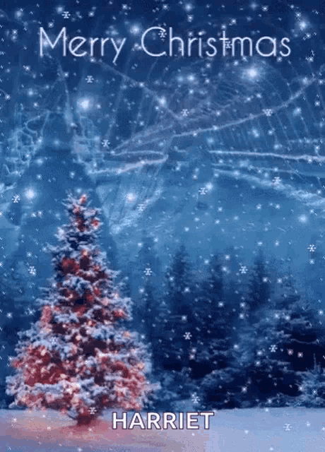a christmas card with a christmas tree in the snow and the words merry christmas harriet