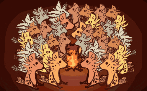 a group of animals are gathered around a campfire