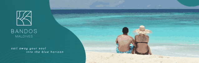 a banner for bandos maldives shows a man and a woman sitting on a beach