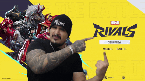 a man pointing at a sign up page for marvel rivals