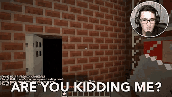 a man wearing headphones is playing a video game and says " are you kidding me " in front of a brick wall