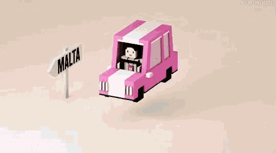a pixel art of a pink car driving to malta