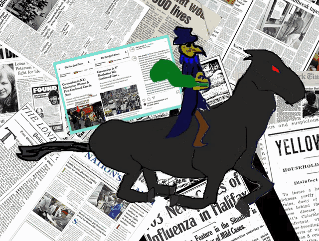a cartoon of a man riding on the back of a black horse surrounded by newspapers