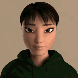 a close up of a cartoon character wearing a green hoodie .