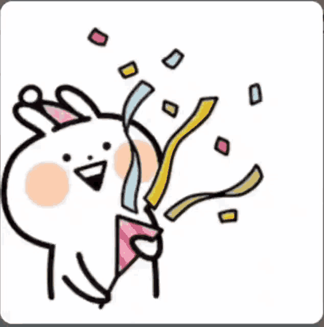 a cartoon rabbit wearing a party hat is holding a confetti cannon .
