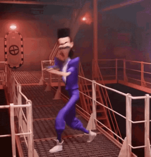 a cartoon character in a purple suit is jumping in the air on a bridge .