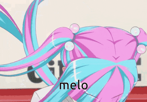 a girl with blue and pink hair is wearing a white shirt that says melo