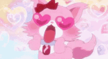 a cartoon cat with heart shaped glasses and a bow on its head .
