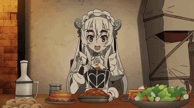 a cartoon character is sitting at a table with a heart on her chest
