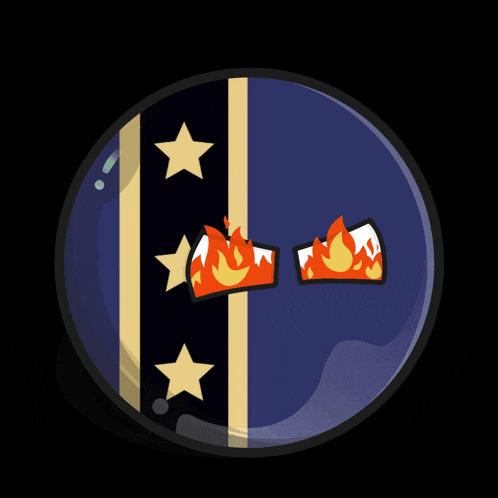 a cartoon drawing of a flag with flames and stars on it