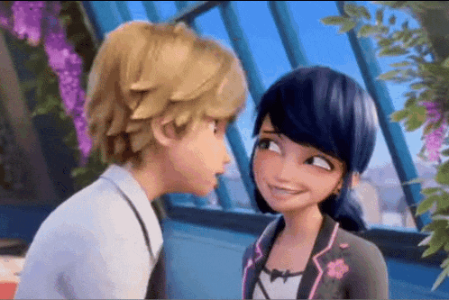 a boy is kissing a girl on the cheek in a cartoon .