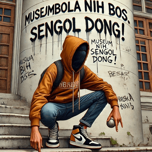 a man in a hoodie is squatting down in front of a wall that says museum nih sengol dong
