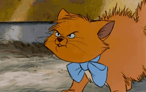 a cartoon cat wearing a blue bow tie is looking angry