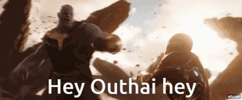 a picture of thanos and iron man with the words hey outhai hey