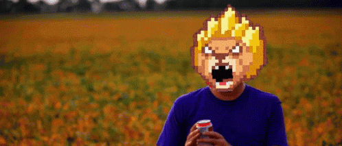 a pixel art of a man with an angry face holding a soda can