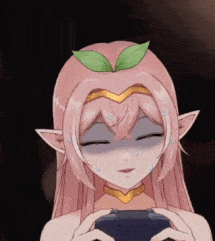 a girl with pink hair and ears is playing a video game