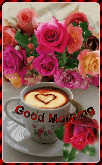 a cup of coffee with a heart drawn in the foam and the words good morning