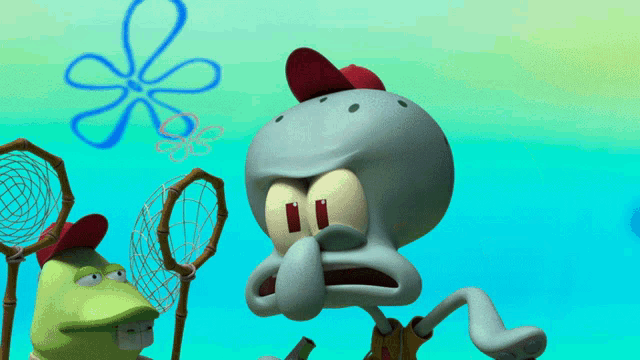 a cartoon of squidward from spongebob squarepants standing next to a frog