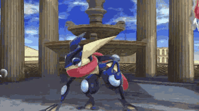 a pixel art drawing of a frog in front of a fountain