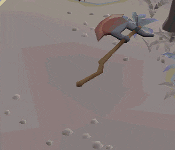 a computer generated image of an axe with a red leaf on it