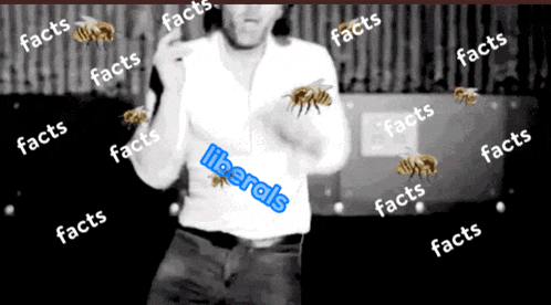 a man is surrounded by bees and the word liberals is written on his shirt