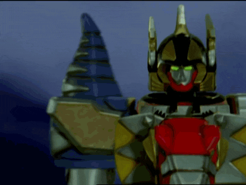 a robot with a helmet on stands in front of a light