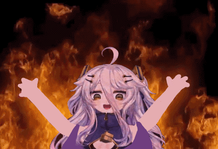 a cartoon girl with purple hair is standing in front of a fire background