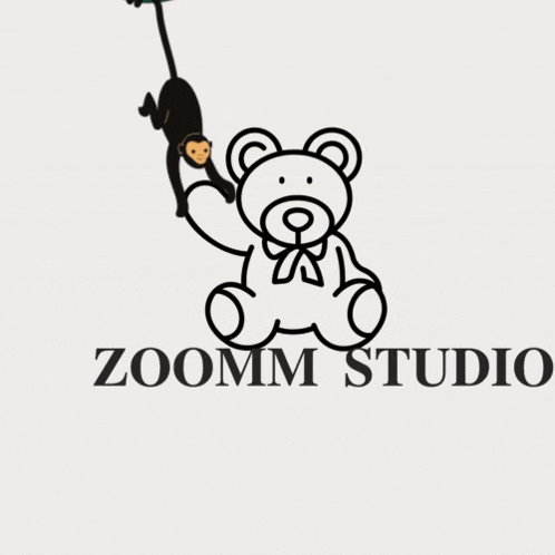 a logo for zoomm studio with a teddy bear holding a monkey