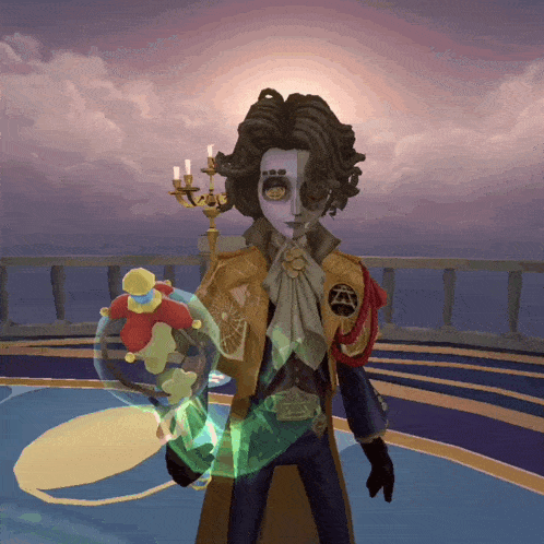 a man with a purple face is holding a candle holder in his hand