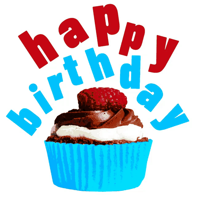a blue cupcake with a raspberry on top and the words happy birthday surrounding it
