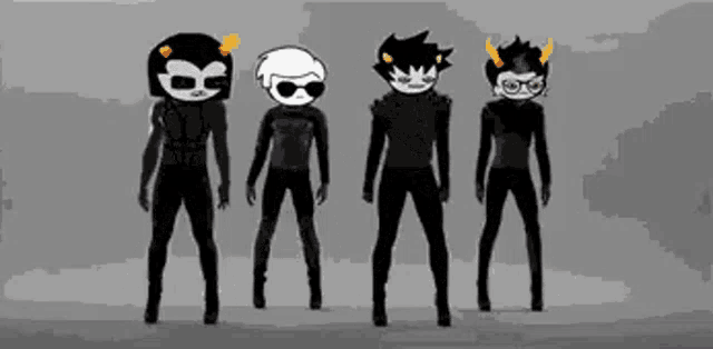 a group of cartoon characters are standing next to each other holding hands and dancing .