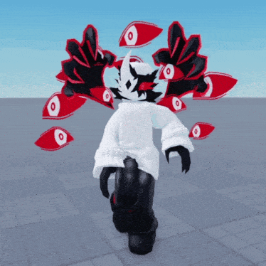 a cartoon character with a lot of red eyes on their back