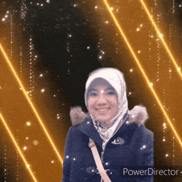 a woman wearing a hijab is smiling in front of a power director background
