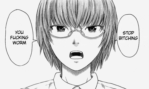 a black and white drawing of a girl with glasses and the words you fucking worm